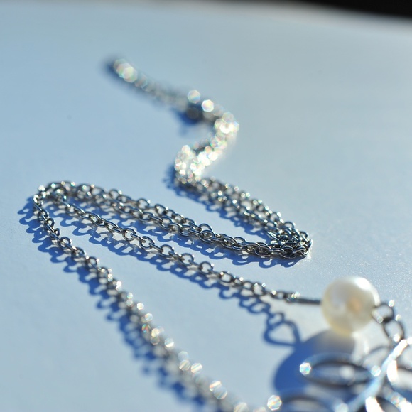 Leafy FA Pearl Ball Charm on Chain Choker Necklace Silver Lobster Clasp - Picture 5 of 11